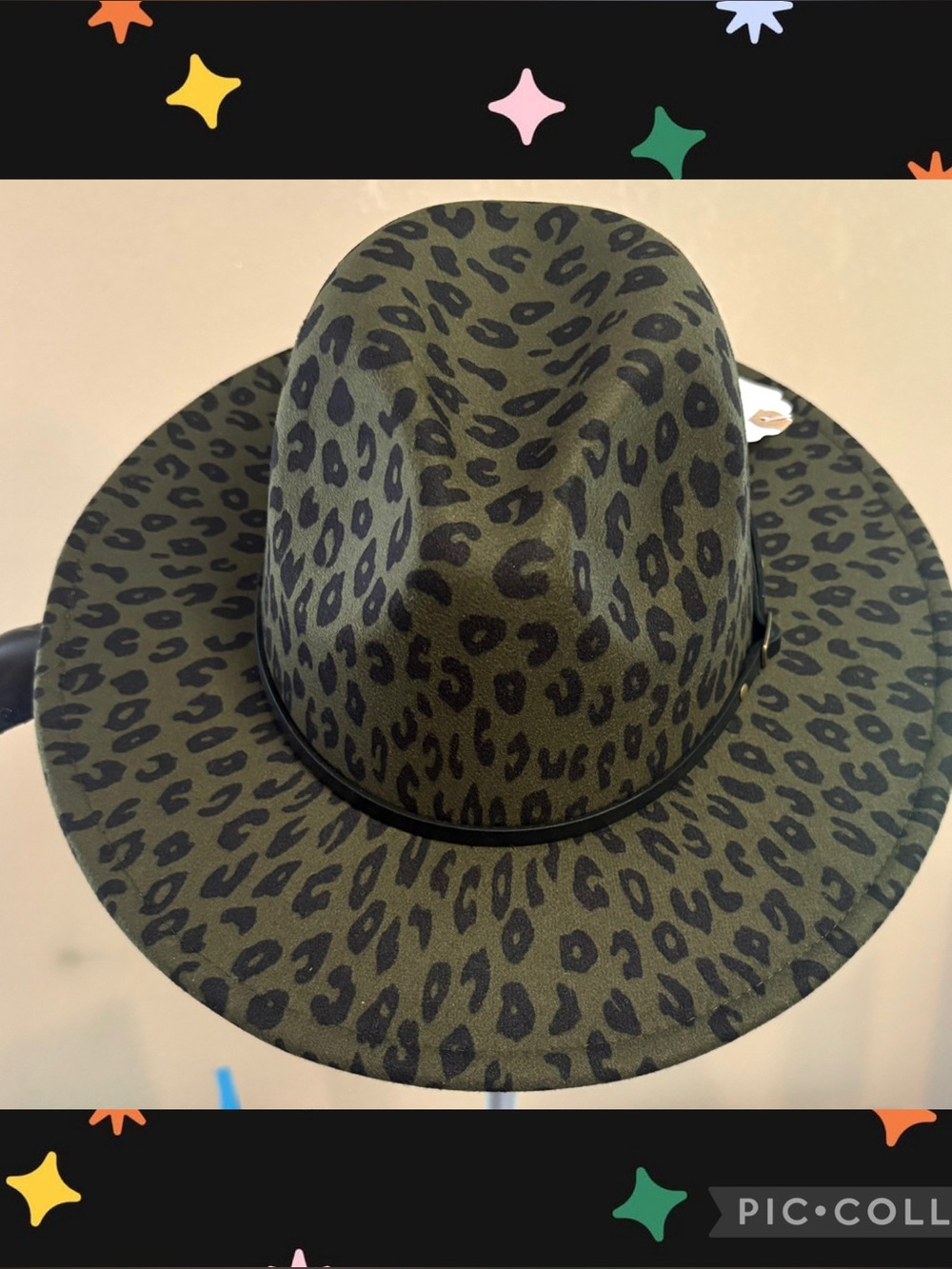 Olive Green Leopard Print Wide Brim Fedora